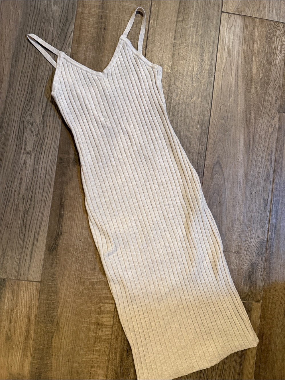 7 For Mankind XS Ribbed Knit Spaghetti Strap Midi Dress in Light Beige